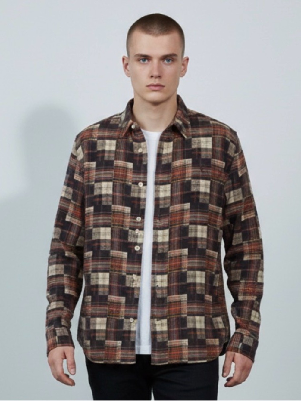 ALL SAINTS Men’s Jude Plaid Flannel Patchwork Shirt Xl Relaxed Fit